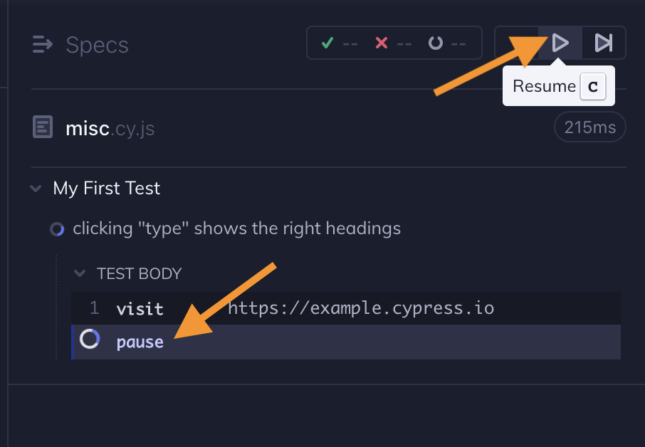 Cypress app shows label saying 'Paused' with Command Log showing 'Pause'